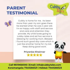 "Cubby is home for me." This testimonial from Priyanka beautifully describes the caring, attentive, and home-like environment I strive to create. It's a blessing to be a trusted second home for working parents.