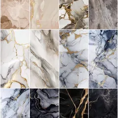 A collage displaying the incredible variety of our UV marble sheet designs. From classic white and grey Carrara styles to bold black and gold patterns, there is a design for every taste.