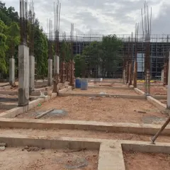 The site for the Campus Biovet office block, with the plinth beams laid out. This was the starting point for a three-year journey of bringing our architectural vision from the ground up.