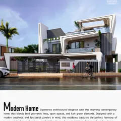 This modern contemporary duplex in Bhubaneswar was designed for a corner plot, featuring bold slant walls and clean lines. The 2500 sq. ft. villa is a fusion of luxury and innovation, planned to be fully Vastu-compliant while offering a striking aesthetic.