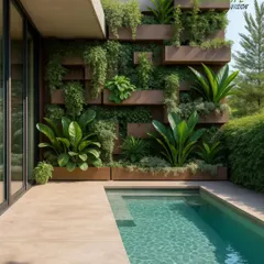 A vertical garden can create a stunning backdrop for any feature, like this swimming pool. Here, we used a variety of plants in stacked wooden planters to build a lush, multi-dimensional living wall.