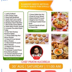 My "Namkeen Meets Mithas" workshop is all about fusion bakes for Diwali. Learn to make unique eggless treats like Loaf E-Gulkand, Royal Katli Nankhatai, and Drama Tadka Kaju Nut.