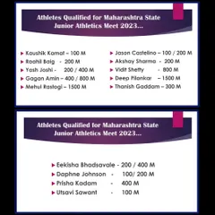 A list of our athletes who qualified for the Maharashtra State Junior Athletics Meet. Every qualification is a step forward and a reason to celebrate.