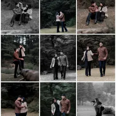 A grid-style collage showcasing multiple candid and walking shots from a forest pre-wedding shoot. This is a great way to show the variety of moments captured.