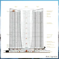 This is a sectional drawing from our competition pitch for the Detroit Waterfront, titled 'The Crown Jewel'. It illustrates the ambitious scale of the project, with three towers housing residences, a hotel, and public spaces, all connected by a central winter garden.