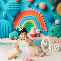 A rainbow of fun for a first birthday! This little girl is sitting in front of a vibrant, textured backdrop before her cake smash. We love creating these colorful and happy scenes.