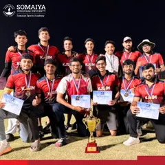 A memorable night for our K J Somaiya Institute of Management Cricket Team. This photo captures the team's celebration with their medals and the championship trophy after winning the Inter-Management College T-10 Tournament.