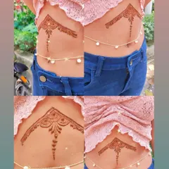 A trendy and modern henna design on the stomach, perfect for festivals or beach outings.