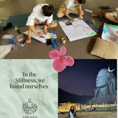 This collage captures the essence of finding stillness through creativity. The top image shows participants engrossed in their artwork during a workshop, a practice that helps quiet the mind and connect with the self.