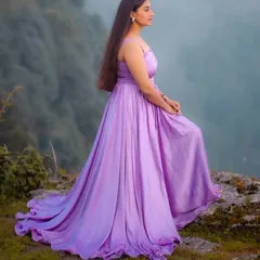 Another view of the custom lavender gown, highlighting the gathered bodice and the way the long skirt drapes. It’s a perfect example of how a simple design can be incredibly beautiful and photogenic.