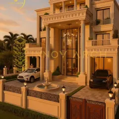 Another perspective of the Bihar Residence, highlighting the intricate details of its neo-classical design. This view shows the balance between the solid architectural elements and the open, airy feel provided by the extensive use of glass, complete with a classic fountain to enhance its grandeur.