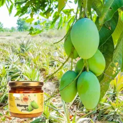 Our classic Mango Pickle starts with fresh, raw mangoes straight from the farm. This picture captures the journey from the tree to the jar, promising a taste that is pure and natural.