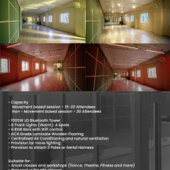 Discover Studio 2, our 850 sq. ft. space for more intimate sessions. It's ideal for private classes, solo practice, or even pole and aerial work, with a capacity of 15-20 attendees.