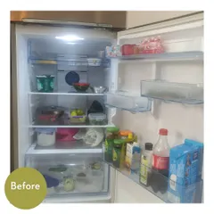 A typical 'before' of a refrigerator. Items are placed wherever there is space, leading to forgotten leftovers and difficulty finding things.