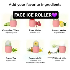 You can add your favorite ingredients to the Face Ice Roller. This graphic shows ideas like cucumber water for depuffing, rose water for nourishing, or green tea for its antioxidant properties.