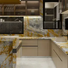 A close-up of a show kitchen designed for the realities of Indian cooking, featuring a breathtaking Italian marble with warm golden and yellow tones. This material is not only beautiful but also resilient against common stains, proving that luxury and practicality can coexist.
