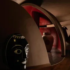 A detail shot capturing the dialogue between art and architecture at the House of Masaba. The signature tribal bust is juxtaposed with a pod-like enclosure, its red interior hinting at a private, sacred space within the store.