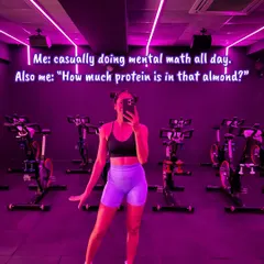 A casual mirror selfie in the spin studio. Even on days I'm doing mental math, I'm still wondering, "How much protein is in that almond?" The fitness journey is a constant learning process.