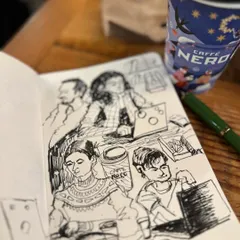 Sketching people in a coffee shop is one of my favorite pastimes. This ink drawing captures the typical cafe scene with people working on laptops, giving a sense of a shared, quiet space.