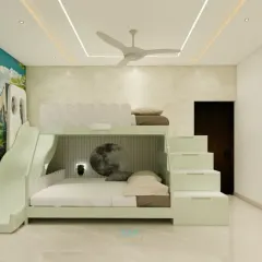 A fun and functional kids' room with a bunk bed that has a built-in slide. The basketball-themed wallpaper adds a sporty and energetic vibe.