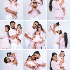 A studio session is full of possibilities. This collage shows how we can move from classic family poses to fun, playful moments like lifting your baby up high. The simple white background keeps all the focus on your family's joy.