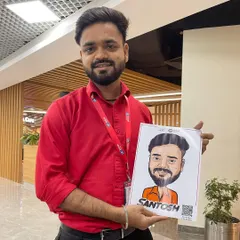 A client proudly holding his finished digital caricature at a corporate event. These portraits are printed instantly, making them a great interactive giveaway.