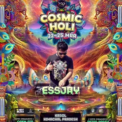 A personalized flyer for my Essjay set at Cosmic Holi. Playing psytrance in Kasol, the place where it all thrives in India, is always a special feeling.