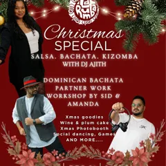 Another look at our poster for the La Rumba Christmas Ball, highlighting the special guest instructors Sid & Amanda and our resident DJ Ajith. We go all out for our holiday parties.