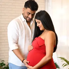 A classic maternity pose where the couple lovingly looks down at the baby bump. This shot, taken in the studio, focuses on their shared anticipation.