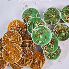 My herbal tealights are infused with calming herbs like lemongrass. These little wonders bring peace, aroma, and warmth to any space you put them in.