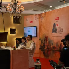 This panel discussion at the International Temples Convention & Expo showcases a clean and professional stage setup. I ensured the branding was prominent on the backdrop and the speakers were equipped with reliable microphones for clear audio throughout the venue.