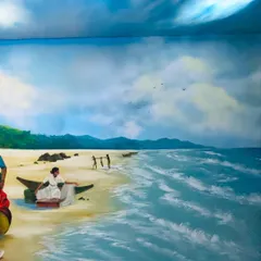 Another section of the expansive Navratri mural, showing the coastline and the sea. The goal was to create a fully immersive experience that tells the story of my culture.