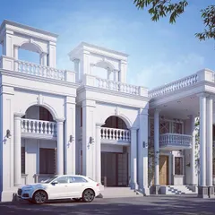 A daytime render of the grand residential project, showing the crisp white facade and the intricate details of the classical columns, arches, and balustrades under bright sunlight.