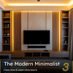 This living room is a perfect example of "The Modern Minimalist" style. Clean lines, sleek wooden fluting, and integrated backlighting around the TV unit create a clutter-free and sophisticated entertainment zone where less is truly more.