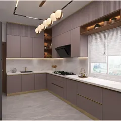 This L-shaped kitchen showcases a sophisticated mauve color palette with fluted panel details and gold accents. The design incorporates open, backlit shelving and sleek, handleless cabinets for a modern luxury look.