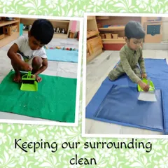Learning to keep our surroundings clean is a fundamental Montessori practical life lesson. Here, children practice sweeping, taking responsibility for their classroom environment.