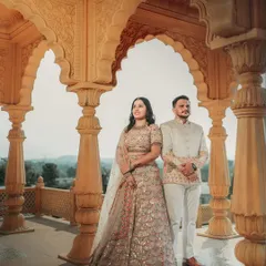A regal portrait of the couple in traditional attire, standing in a beautifully carved archway overlooking the landscape. A classic pose for a heritage pre-wedding shoot.