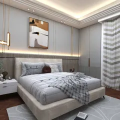 A contemporary bedroom design where I used a mix of textures, including wall fluting and a plush area rug. The abstract artwork adds a splash of color, and the hanging pendant lights serve as stylish bedside lamps.