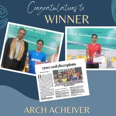 A collage celebrating badminton champion Dhanya Manjunatha's victory. We are proud to be a part of her journey, providing the sports rehab and training that supports her athletic achievements.