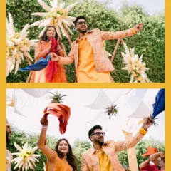 Our Haldi entry was all about fun and color. Waving blue and orange scarves, we danced our way in, surrounded by friends and family. This collage captures the energy and excitement of that moment.