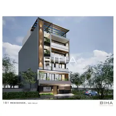 This is the proposed design for the 101 Residence in New Delhi. The facade uses vertical wood-textured elements and a rooftop pergola to create a sense of height and modern elegance.