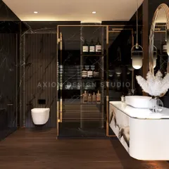 The vanity in this bathroom is a work of art, featuring a modern interpretation of Michelangelo's "Creation of Adam." This bespoke detail adds a layer of unexpected beauty and personality.