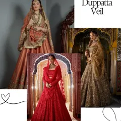 The classic Dupatta Veil is a timeless choice for the traditional bride. Here are examples of how a beautifully draped dupatta can complete a regal lehenga look.