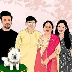 This is a beautiful family portrait I illustrated, complete with their adorable Chow Chow. Creating art that brings the whole family together, including the furry members, is always a joy.