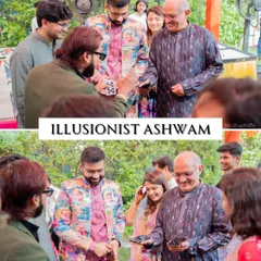 An illusionist entertaining guests at a Mehendi. We bring in professional performers to add a touch of magic and wonder to your celebration.