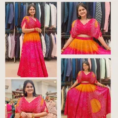 This collage shows the beautiful details and colors of the pink and orange lehenga. The modern blouse design with flared sleeves adds a trendy touch.
