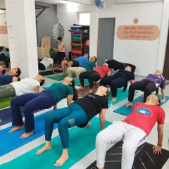 Here, a class works on core and back strength with Purvottanasana, or Reverse Plank. The image shows how the floor space can be fully utilized for mat-based exercises with a full class.