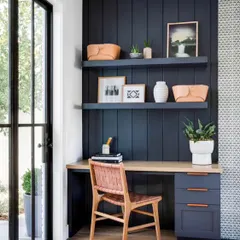 Color has a powerful effect on our minds. For this home office concept, I suggest blue, a color known to enhance focus and productivity. Integrating color psychology is a key part of my Vastu-based design approach to make your home work for you.