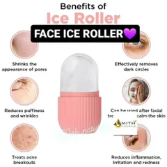 A graphic showing the many benefits of the Face Ice Roller, from shrinking pores and reducing wrinkles to treating acne breakouts. It's a versatile tool for all skin types.