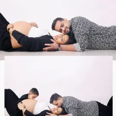 A collage of a family maternity shoot, showing the parents and older brother lovingly interacting with the baby bump.